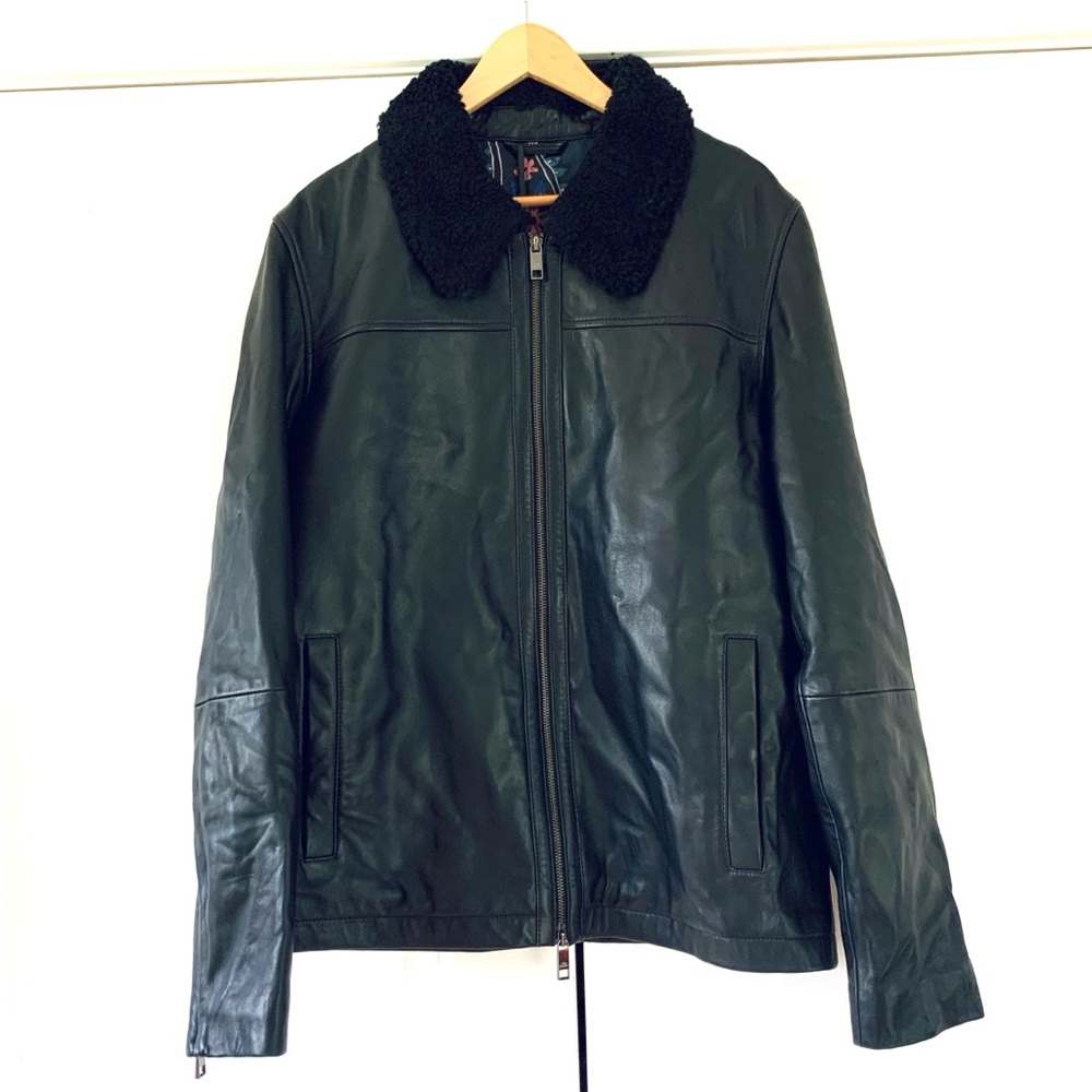 Ted Baker Leather Jacket Sherpa Collar Trim Moto Zip Up Coat Black Size 5 / XL